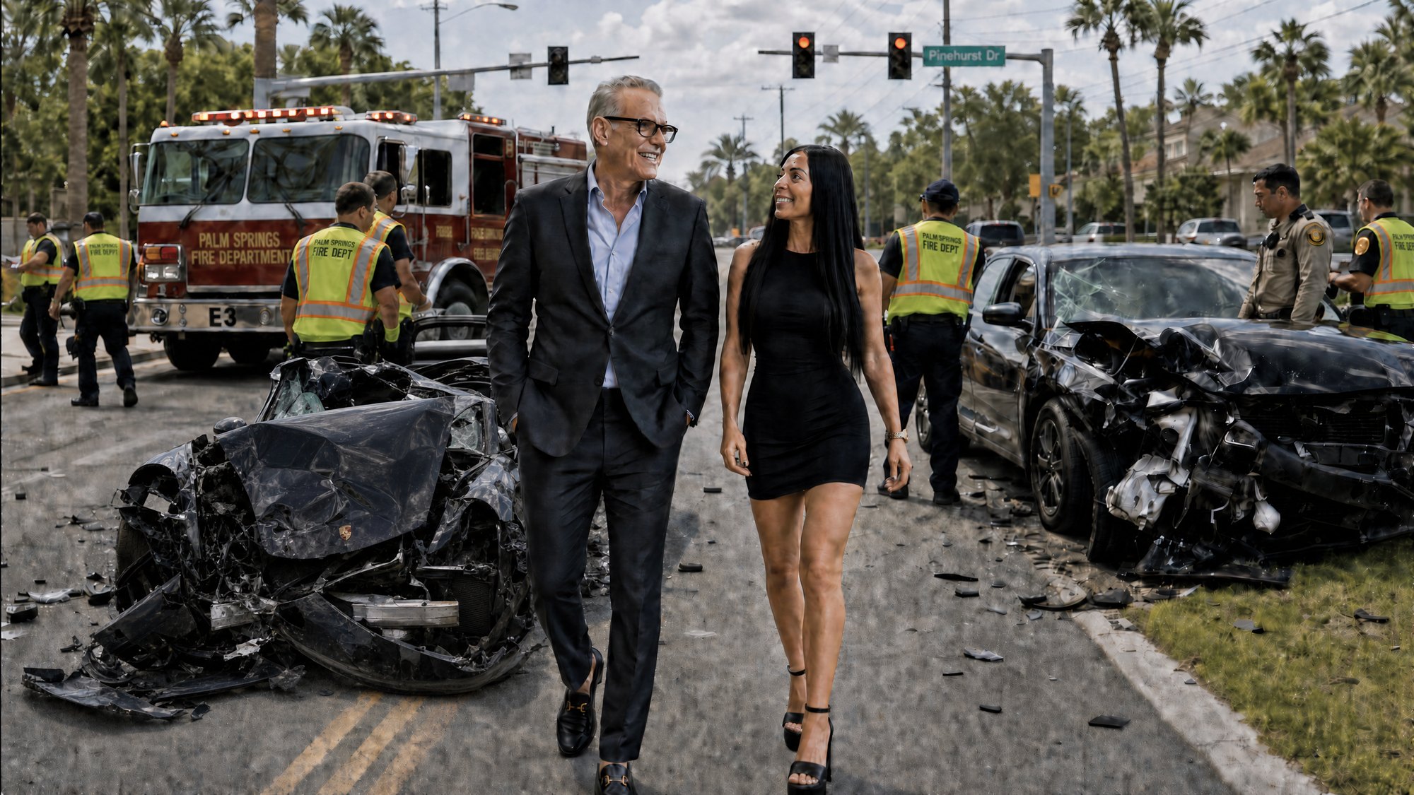 FloRegen co-founders Eusebio Coterillo and Brooke Morrisseau walking together, with a car accident scene behind them